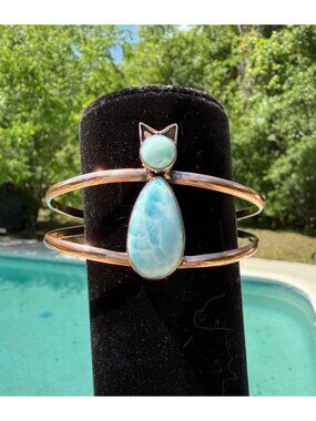 Artisan Handcrafted Whimsical Copper Cat-Shaped Larimar Statement Cuff Bracelet